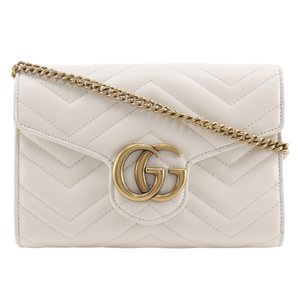 GUCCI GG Marmont Chain Shoulder Clutch Wallet Calfskin White